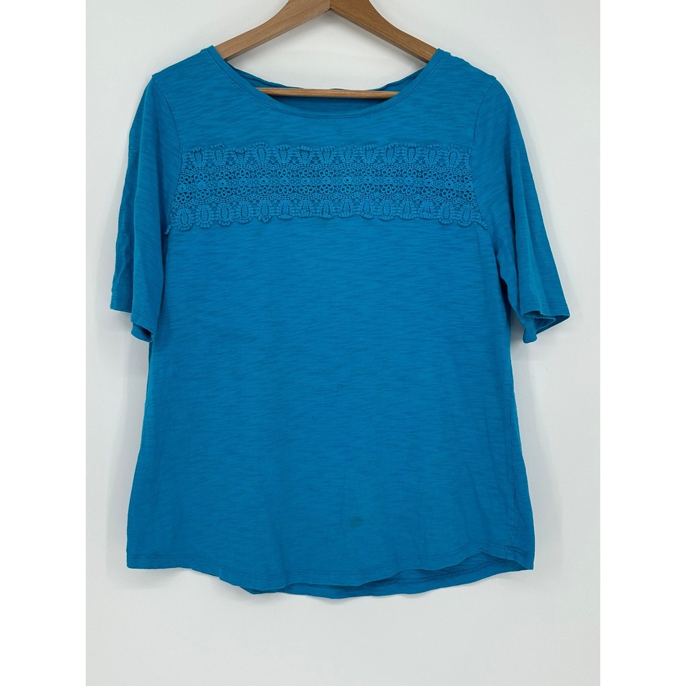 Talbots Blue Cotton Modal Lace Trim Slub Knit Short Sleeve Top XL VN5241
